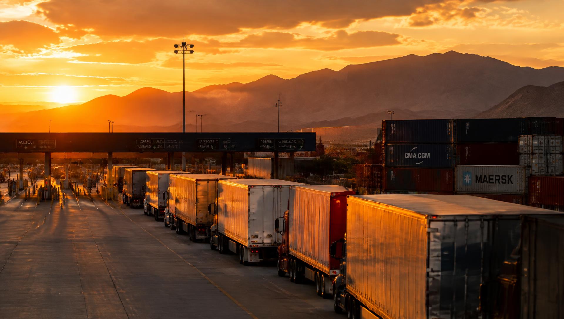 Freight trucks at a southern border port at dusk
